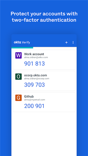 Okta Verify 账户列表界面，每个账户显示滚动的六位动态码