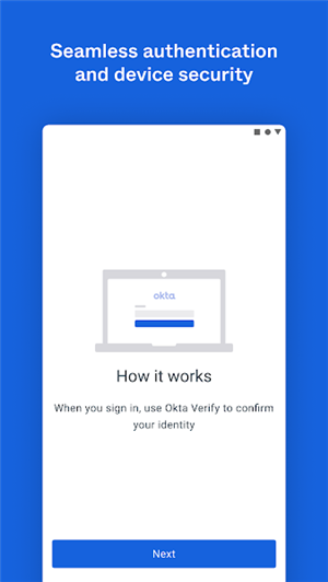 Okta Verify 首次打开时的引导页:说明验证的工作方式